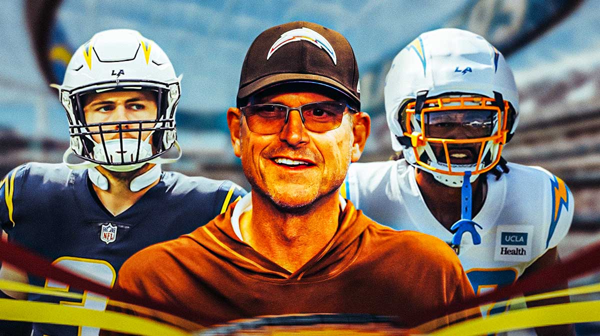 Coach Jim Harbaugh in the middle - Nick Niemann, Jaelen Gill around him - Los Angeles Chargers wallpaper in the background