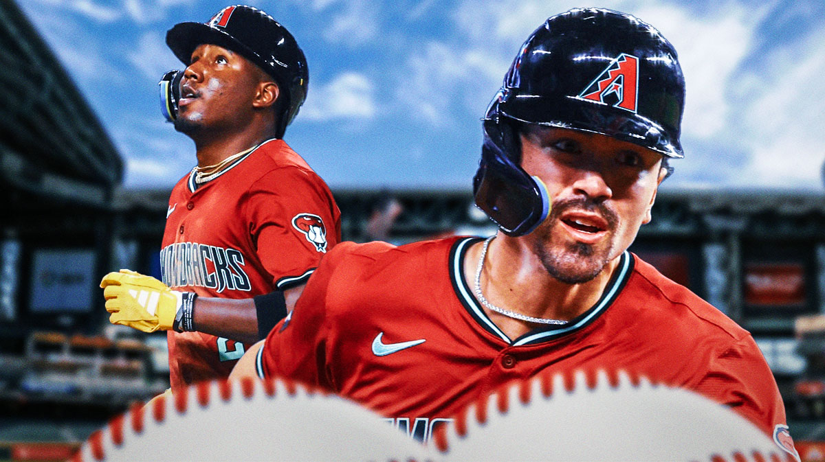 Arizona Diamondbacks players Corbin Carroll and Geroldo Perdomo with fans cheering