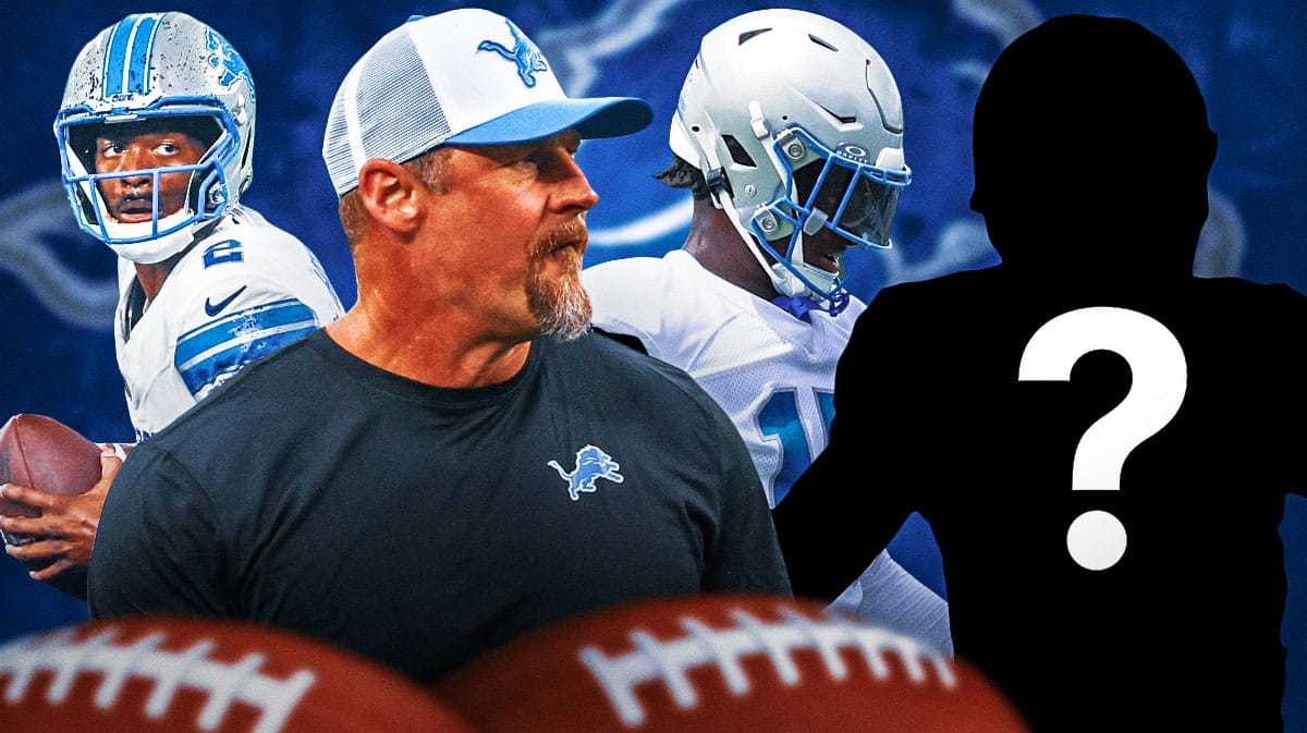 Detroit Lions head coach Dan Campbell with QB Hendon Hooker, CB Ennis Rakestraw Jr. and a silhouette of an American football player with a big question mark emoji inside. There is also a logo for the Detroit Lions.