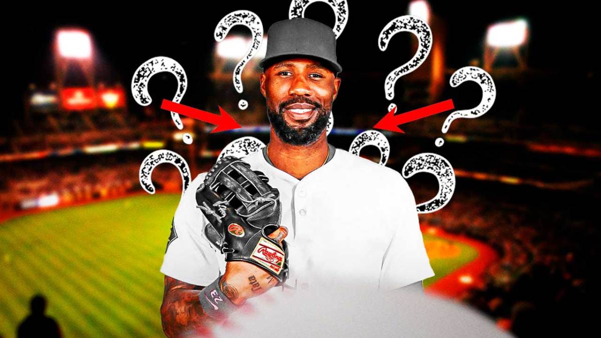 MLB Player Jason Heyward in a blank jersey with a bunch of question mark emojis around him with an arrow to the left above an arrow to the right