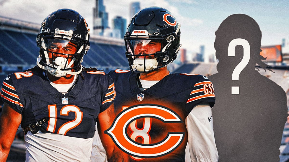 Chicago Bears QB Caleb Williams, WR Velus Jones Jr., and a silhouette of an American football player with a big question mark emoji inside. There is also a logo for the Chicago Bears.