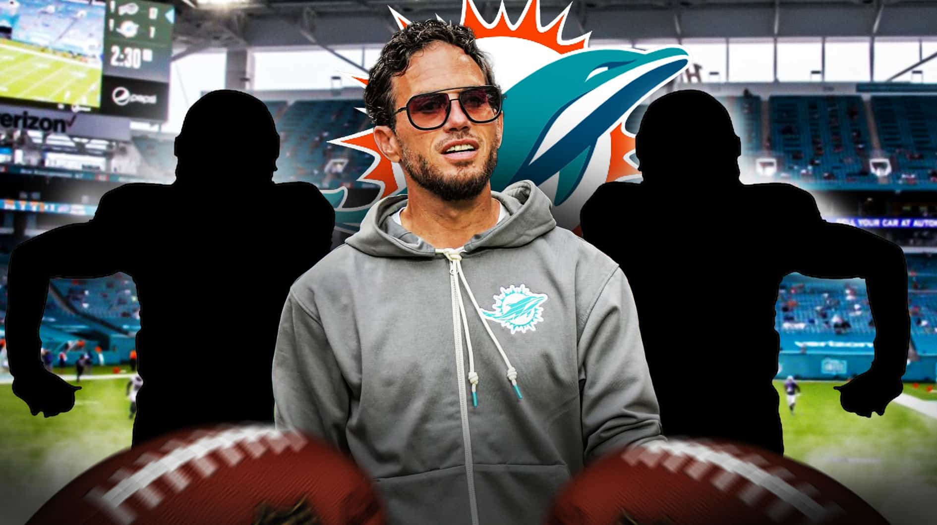 Dolphins coach Mike McDaniel next to two black silhouettes with the Miami Dolphins logo in the background