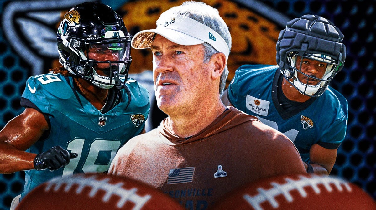 Coach Doug Pederson in the middle, Keilan Robinson, Joshua Cephus around him, Jacksonville Jaguars wallpaper in the background