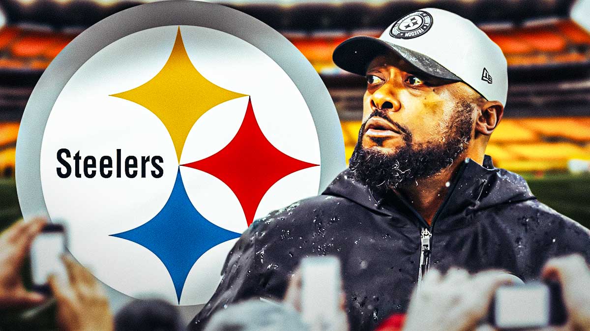 Mike Tomlin looking concerned at a Steelers logo