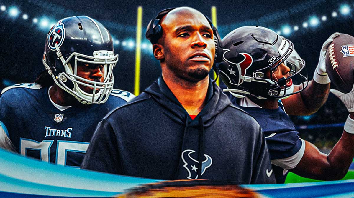 Coach DeMeco Ryans in the middle, Denico Autry, Jawhar Jordan around him, Houston Texans wallpaper in the background