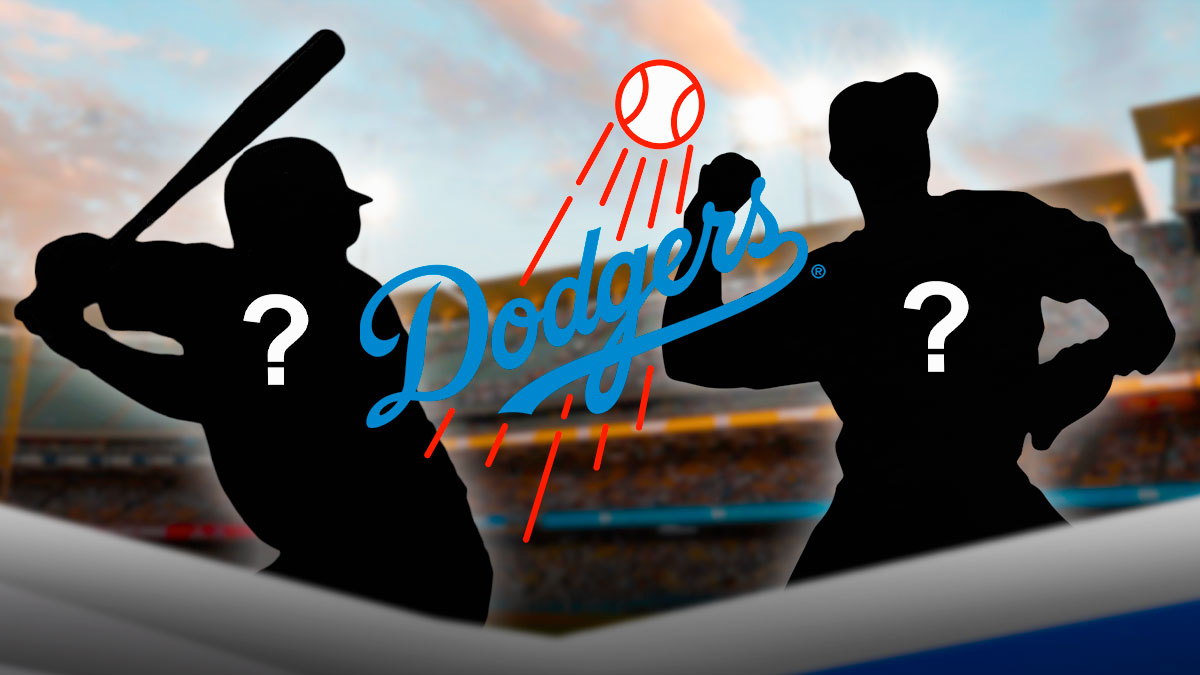 Los Angeles Dodgers logo in center, blank player silhouettes on both left and right sides, question marks on both left and right sides, Dodger Stadium (home stadium of the Los Angeles Dodgers) in background