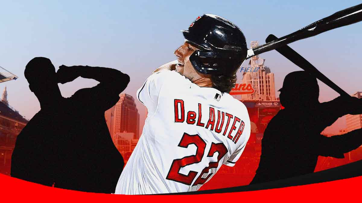 Chase DeLauter batting in a Cleveland Guardians uniform with the silhouette of another batter on the right and the silhouette of a pitcher on the left as the Guardians should promote three prospects for the playoff stretch run including Juan Brito.