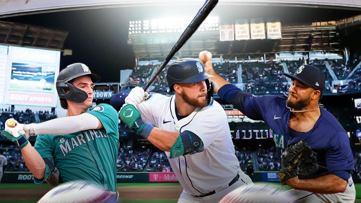 Cole Young batting in a Seattle Mariners uniform, Brandyn Garcia pitching in a Seattle Mariners uniform and Tyler Locklear batting in a Seattle Mariners uniform as the team must promote these three prospects to make the playoffs and a postseason run.