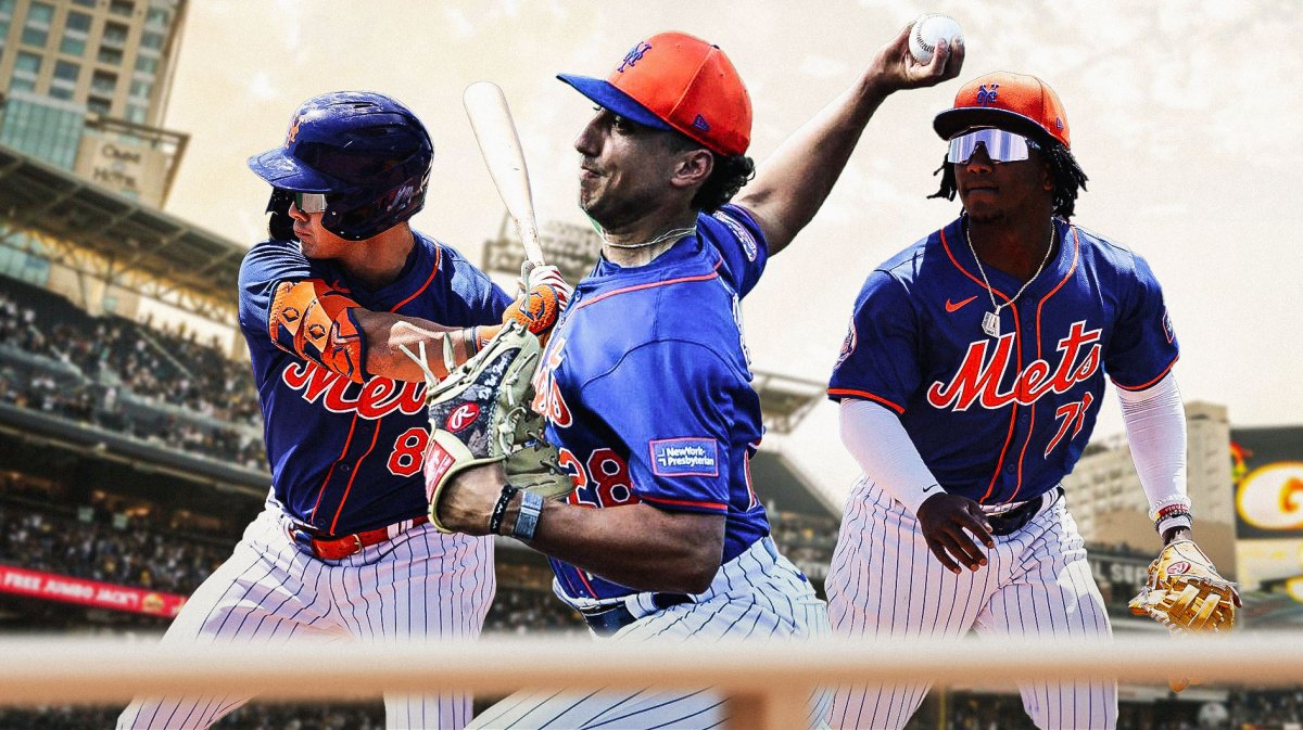 Brandon Sproat pitching in a New York Mets uniform, Luisangel Acuna running in a New York Mets uniform and Drew Gilbert batting in a New York Mets uniform as the Mets should call up these three prospects for the playoff push.