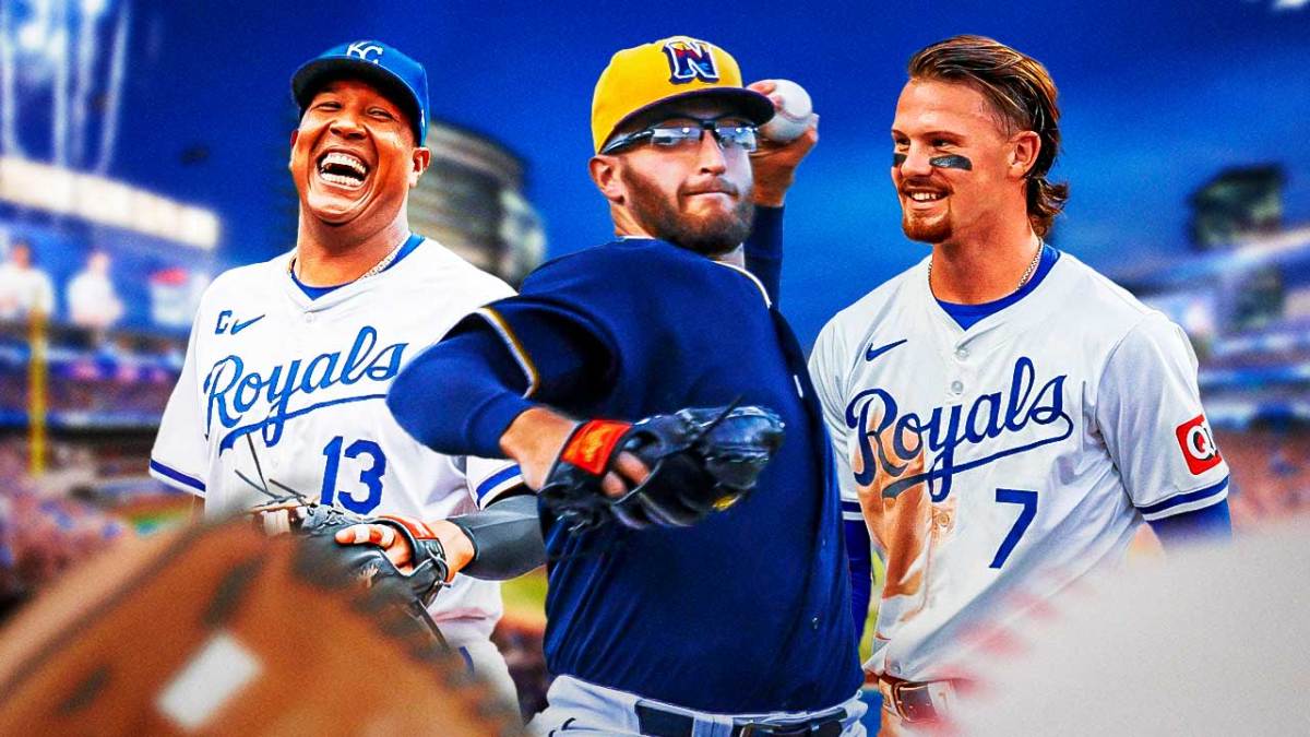 Kansas City Royals prospect Noah Cameron pitching - Salvador Perez and Bobby Witt Jr. smiling