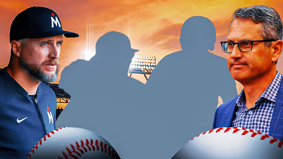 Minnesota Twins manager Rocco Baldelli and general manager Thad Levine - silhouettes of prospects Andrew Morris and Yunior Severino