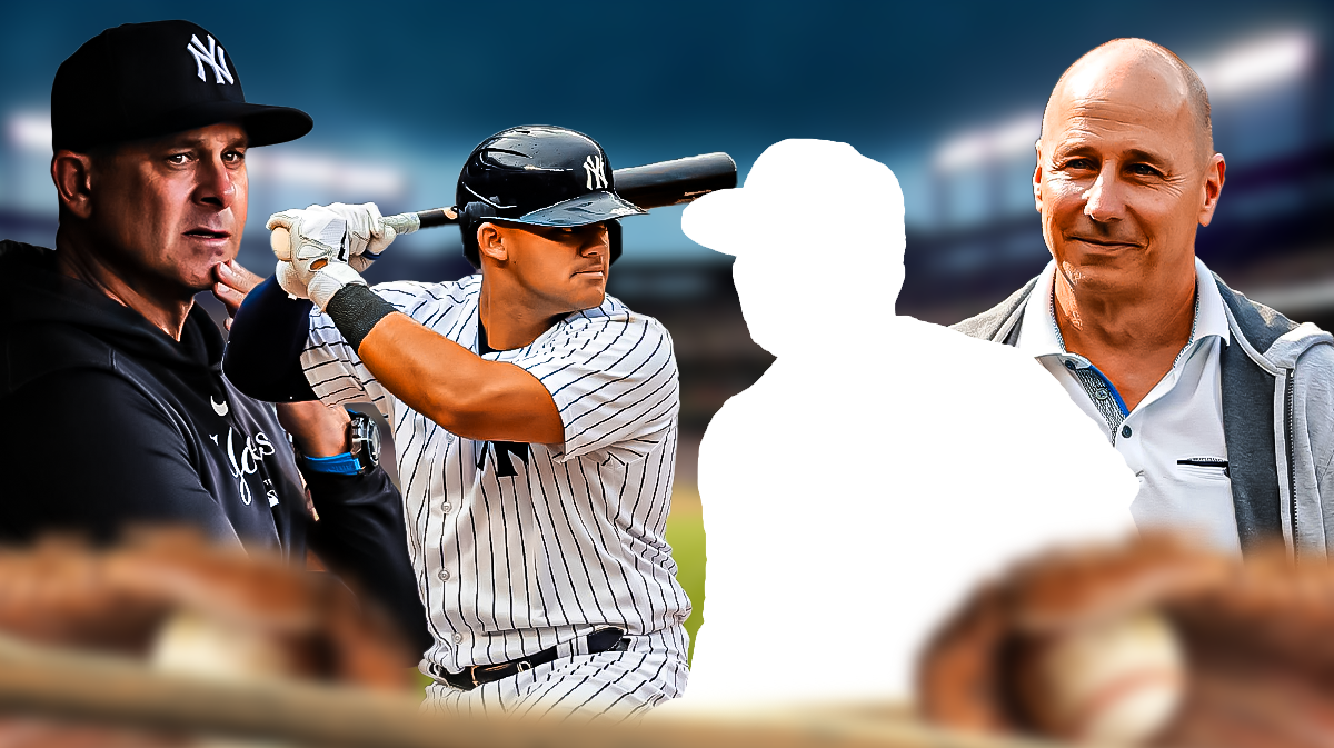 Caleb Durbin as a silhouette. Jasson Dominguez in a Yankees uniform. Brian Cashman, Aaron Boone