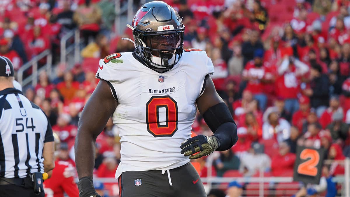 Tampa Bay Buccaneers outside linebacker Yaya Diaby (0) reacts after a sack against the San Francisco 49ers during the fourth quarter at Levi's Stadium.