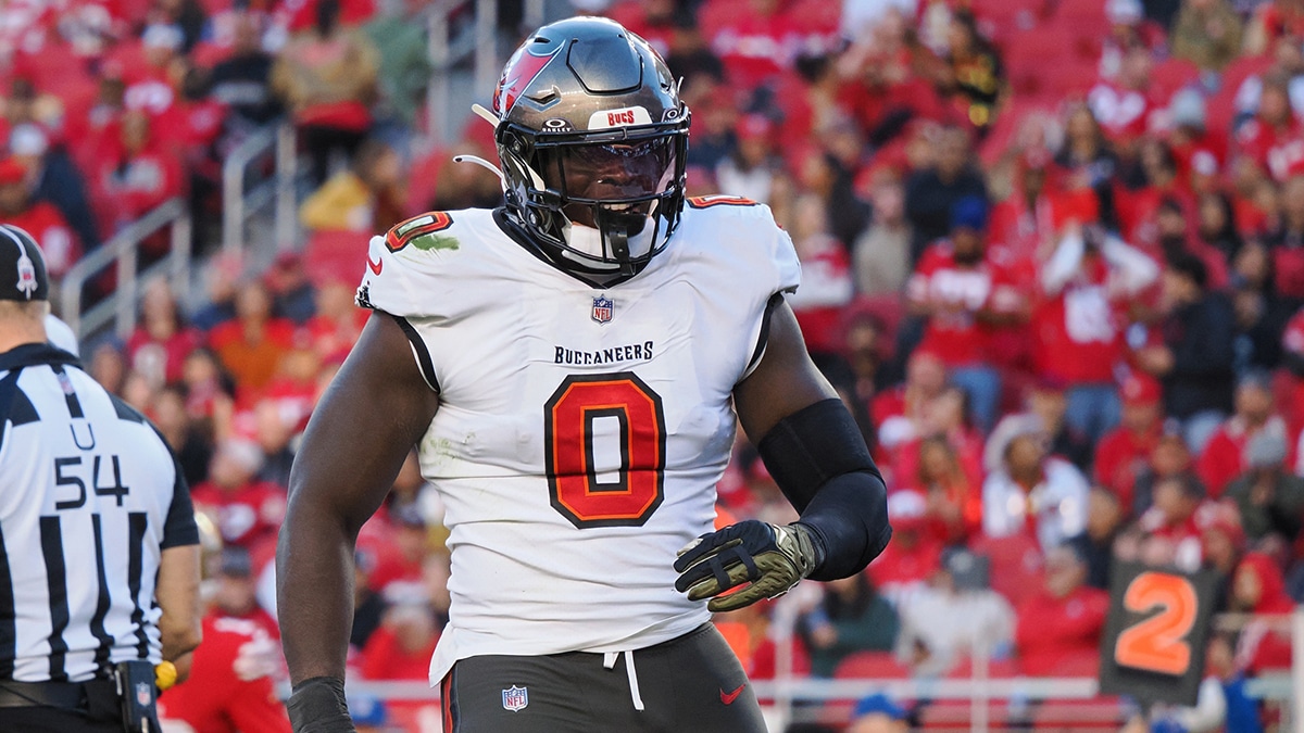 Tampa Bay Buccaneers outside linebacker Yaya Diaby (0) reacts after a sack against the San Francisco 49ers during the fourth quarter at Levi's Stadium.