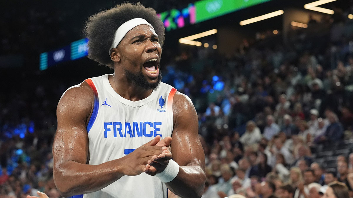 France power forward Guerschon Yabusele (7) celebrates during the second half against Germany in a men's basketball semifinal game during the Paris 2024 Olympic Summer Games at Accor Arena.