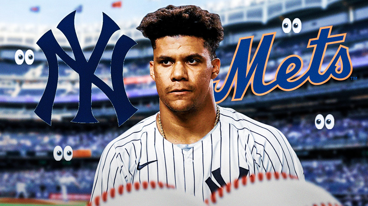 Juan Soto looks at Yankees and Mets logos with bulging eyes