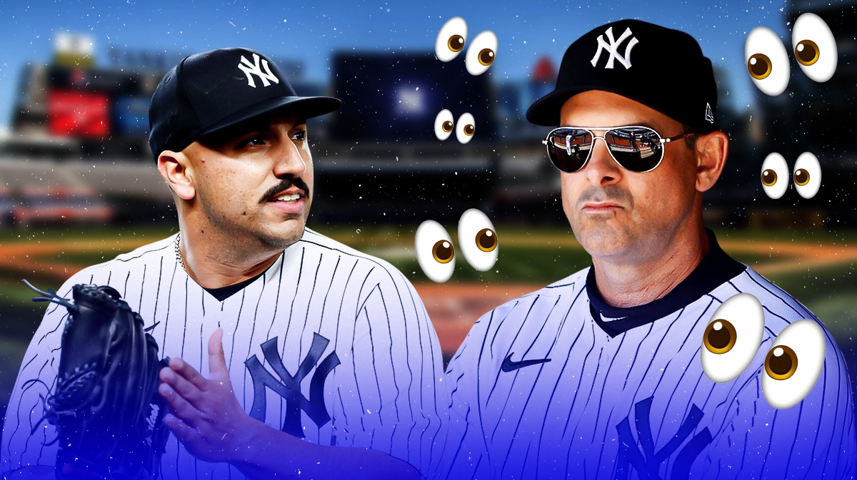 Yankees’ Aaron Boone with eyes emoji all over him while looking at Nestor Cortes