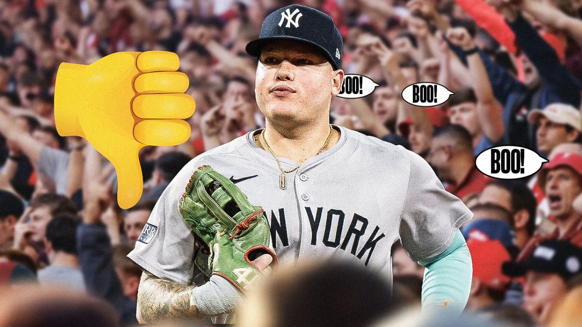 Yankees' Alex Verdugo being booed by fans in Yankee Stadium, with thumbs down emojis all over