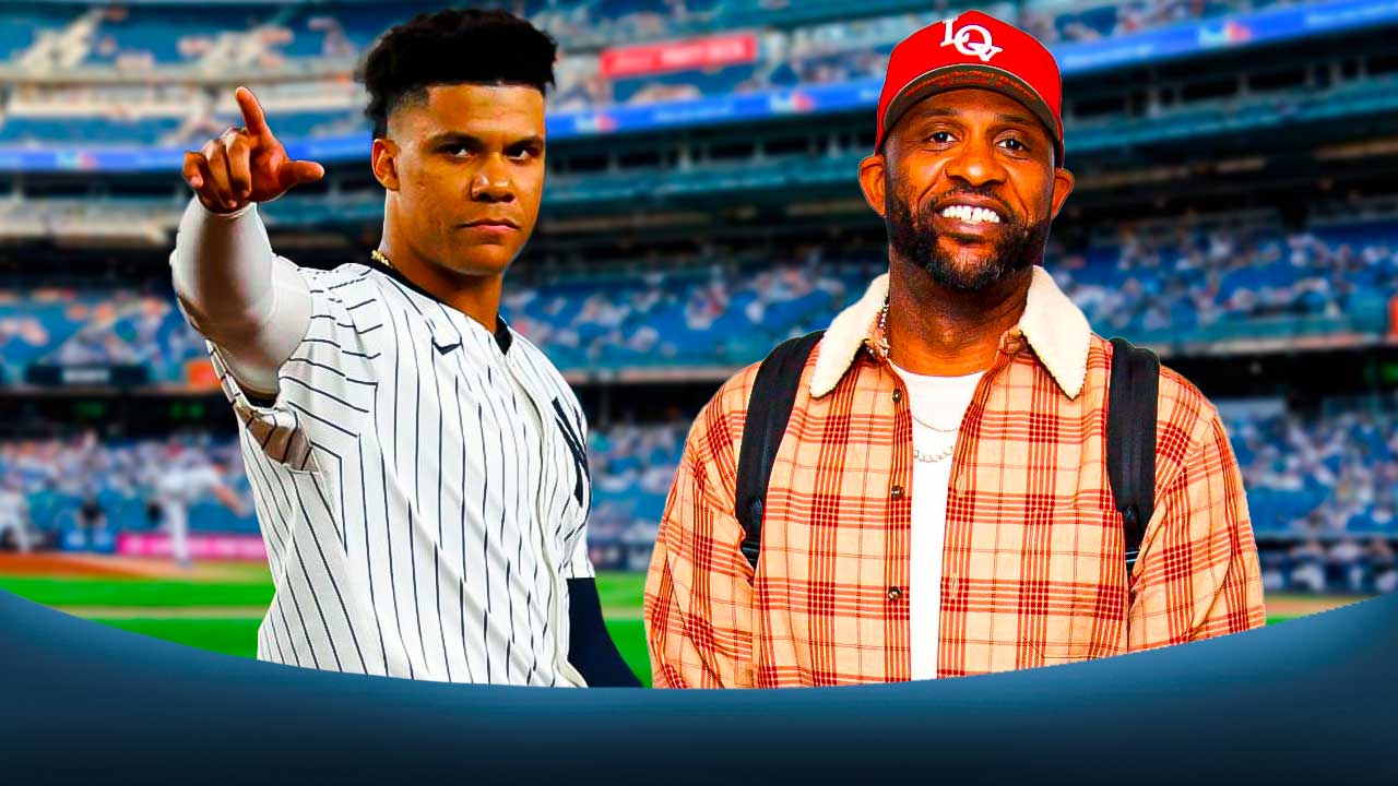 New York Yankees star Juan Soto and CC Sabathia in front of Yankee Stadium.