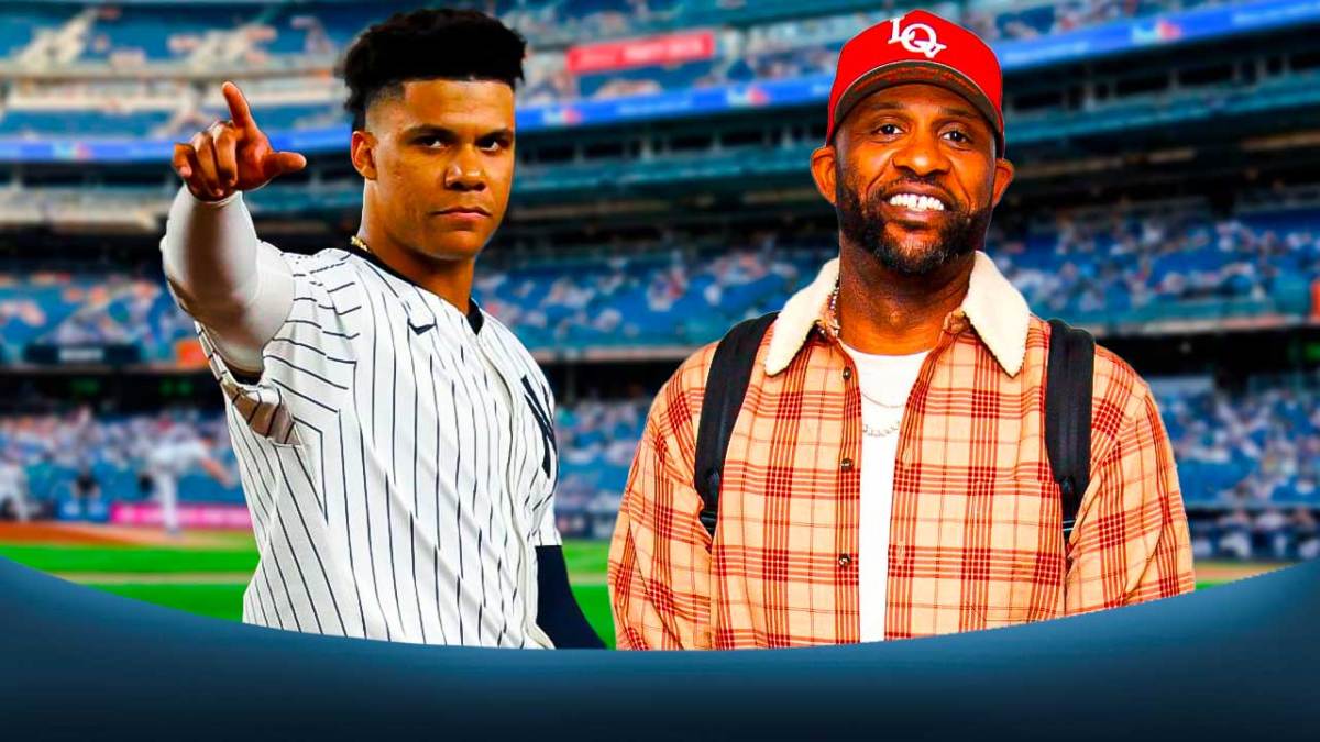New York Yankees star Juan Soto and CC Sabathia in front of Yankee Stadium.