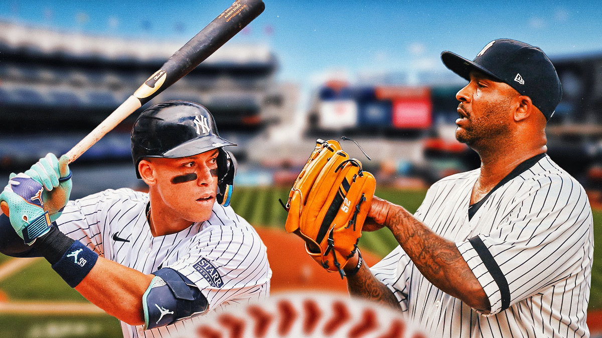 Yankees CC Sabathia pitching a baseball to Yankees Aaron Judge swinging a baseball bat. Have them at Yankee Stadium.