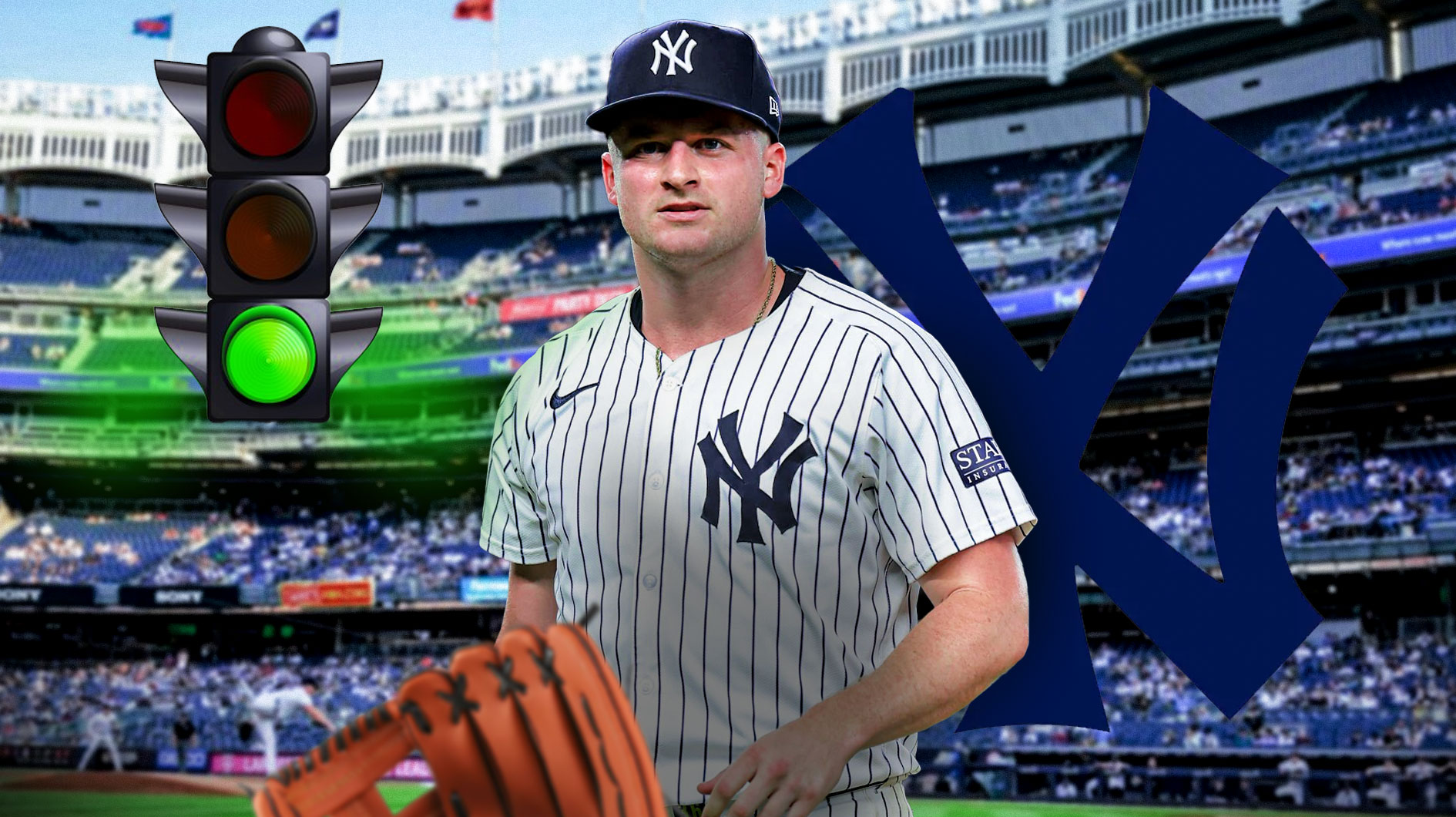 Clarke Schmidt standing in front of a Yankees logo with a green stoplight next to him