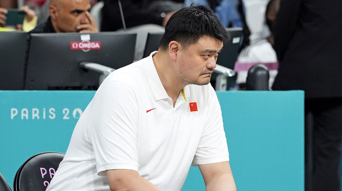 Yao Ming looks on during the game between China and Spain in women’s basketball group A play during the Paris 2024 Olympic Summer Games at Stade Pierre-Mauroy.