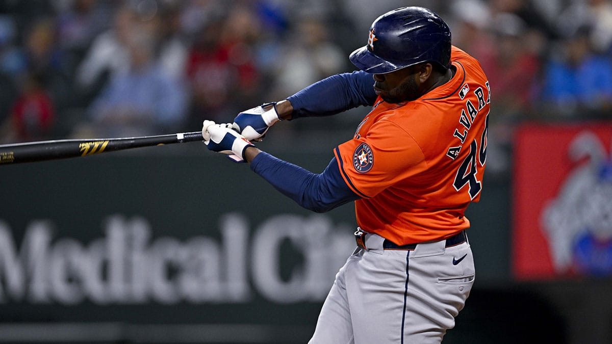 Houston Astros left fielder Yordan Alvarez (44) bats against the Texas Rangers during the fifth inning at Globe Life Field. 