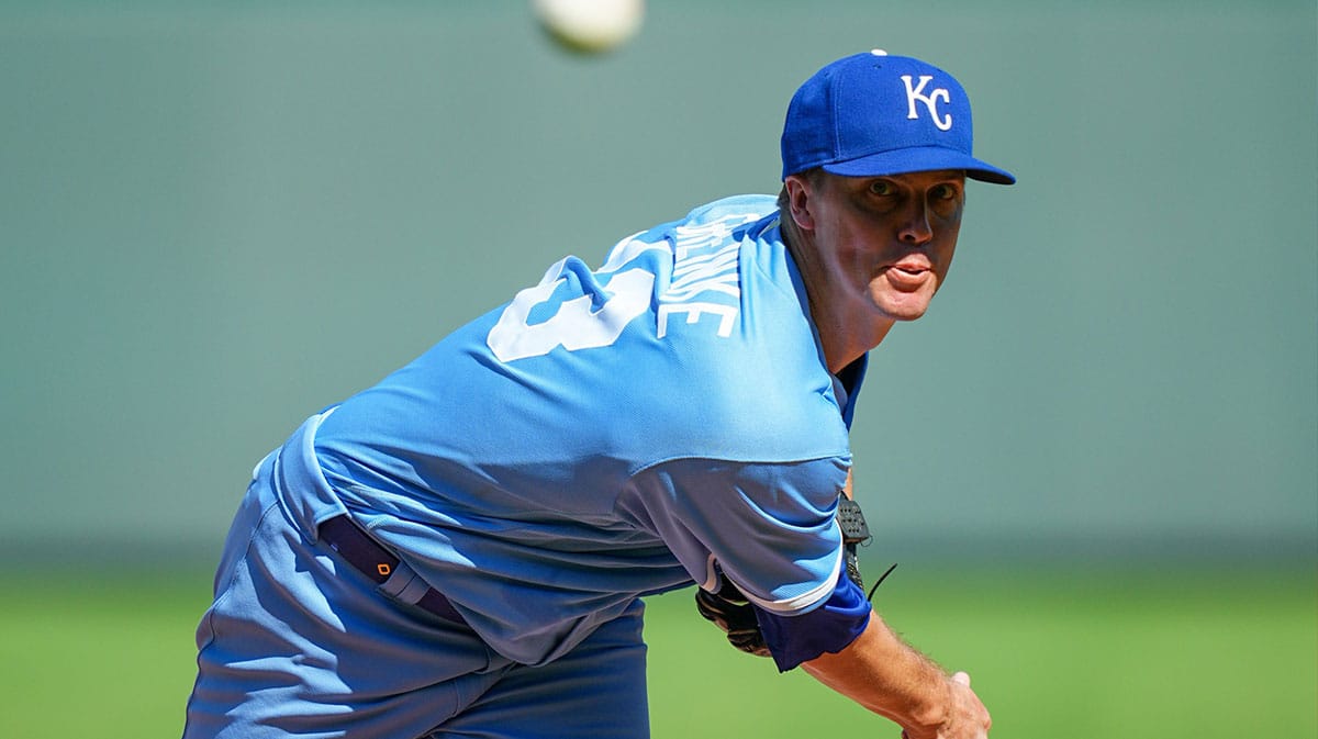 Oct 1, 2023; Kansas City, Missouri, USA; Kansas City Royals starting pitcher Zack Greinke (23) warms up during the first inning against the New York Yankees at Kauffman Stadium. 