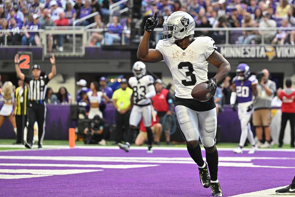 Las Vegas Raiders running back Zamir White (3) runs for a touchdown against the Minnesota Vikings during the third quarter at U.S. Bank Stadium.