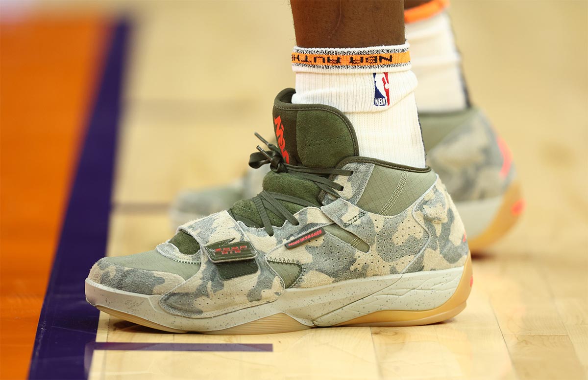 Detailed view of the basketball shoes worn by New Orleans Pelicans forward Zion Williamson (1) against the Phoenix Suns in the first half at Footprint Center.