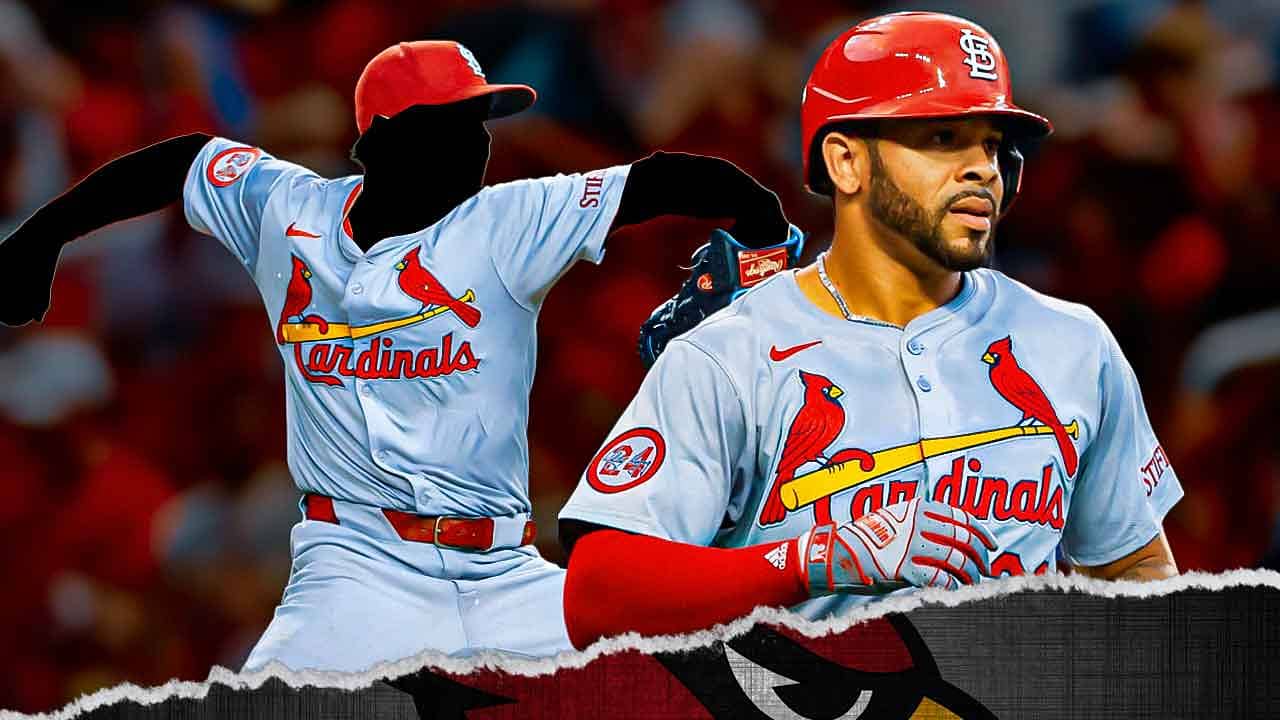 Tommy Pham (Cardinals) swinging the bat, Silhouette of a pitcher throwing a pitch, Busch Stadium background