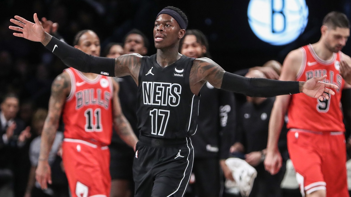 Brooklyn Nets guard Dennis Schroder (17) celebrates after making a three point shot in the third quarter against the Chicago Bulls at Barclays Center