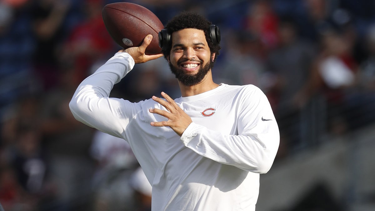  Chicago Bears quarterback Caleb Williams (18) warms up before the game against the Houston Texans at Tom Benson Hall of Fame Stadium. 