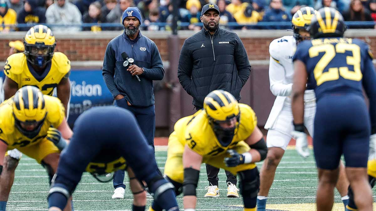 Michigan head coach Sherrone Moore watches a play during the second half of the spring game at Michigan Stadium