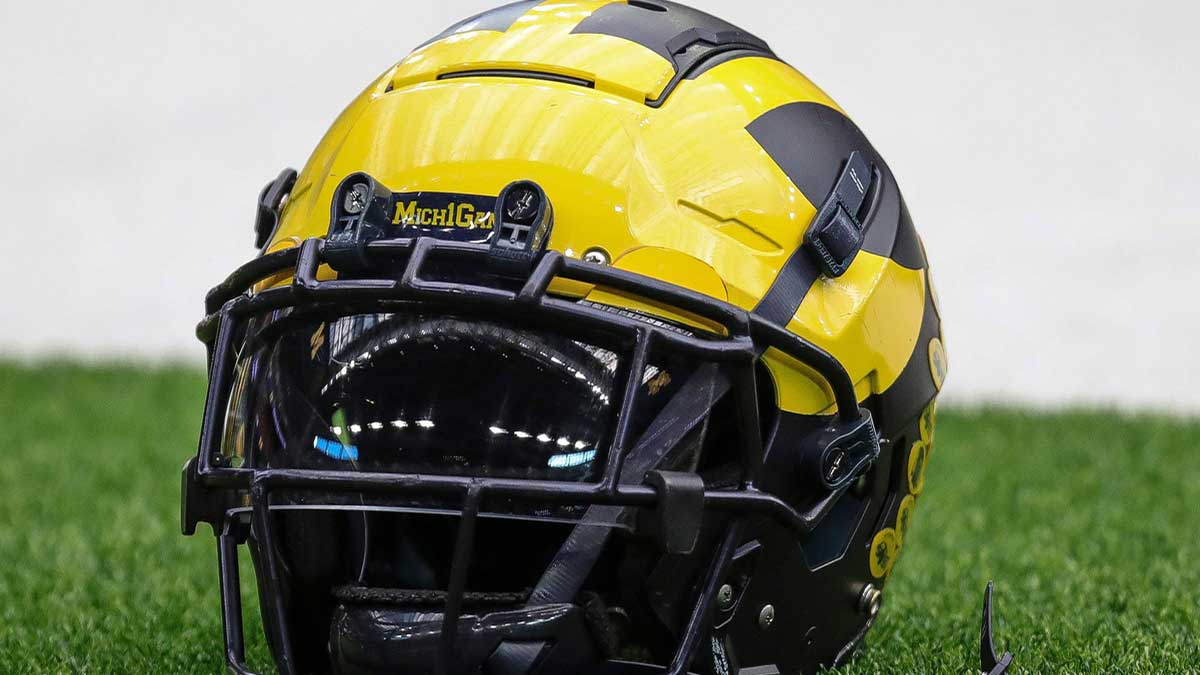 A Michigan football helmet on the sideline during open practice at NRG Stadium