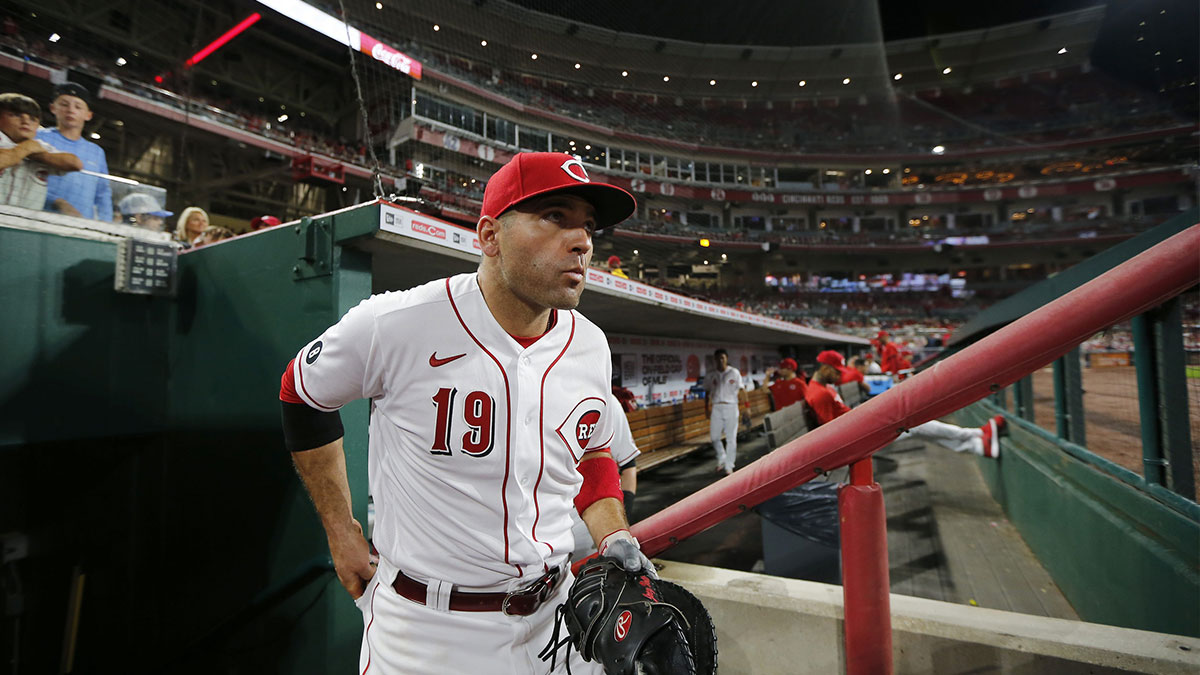 Cincinnati Reds first baseman Joey Votto (19) takes the field for the top of the eighth inning of the MLB National League game between the Cincinnati Reds and the San Diego Padres at Great American Ball Park in downtown Cincinnati on Thursday, July 1, 2021. The Reds won 5-4 on a walk-off single, with the bases loaded, off the bat of Tyler Stephenson.