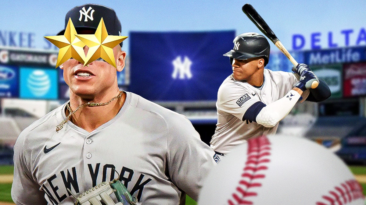 Yankees Aaron Judge with stars in his eyes looking at Yankees Juan Soto swinging a baseball bat.