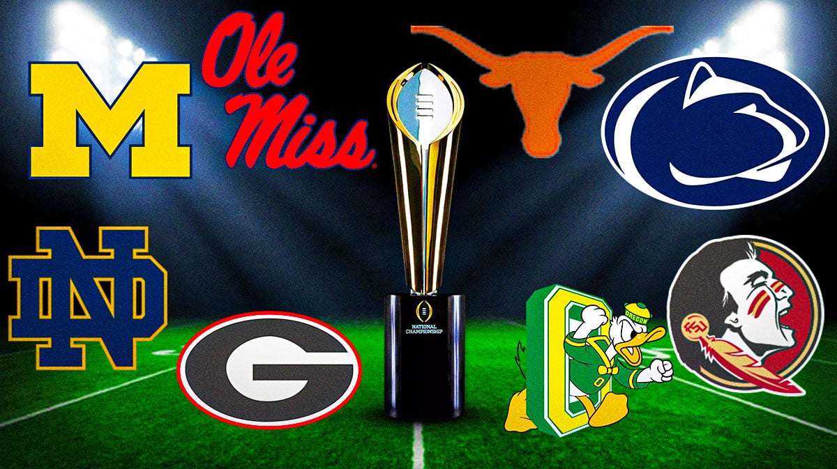 Michigan, Ole Miss, Texas, Penn State, Florida State, Oregon, Notre Dame, Georgia logos surround the College Football Playoff trophy