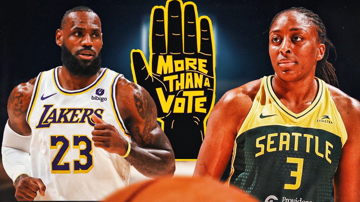 WNBA Seattle Storm player Nneka Ogwumike, and Los Angeles Lakers player LeBron james, with the “More Than a Vote” logo behind them both