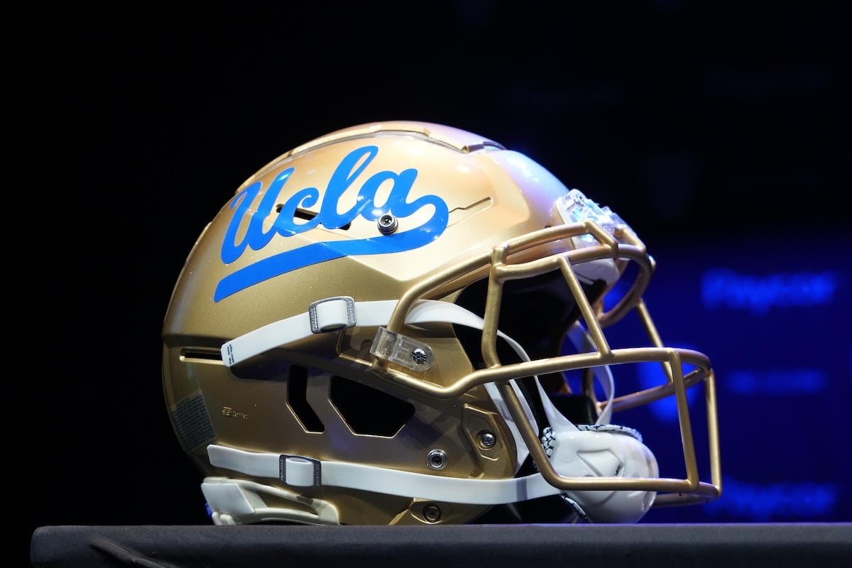 A detailed view of UCLA Bruins helmet during Pac-12 Media Day at Novo Theater.