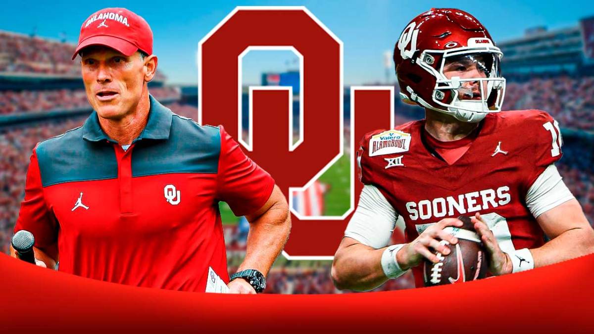 Oklahoma Sooners logo in center, Oklahoma Sooners football head coach Brent Venables on left side, Oklahoma Sooners quarterback Jackson Arnold on right side, Gaylord Family Oklahoma Memorial Stadium (home stadium of the Oklahoma Sooners football team) in background