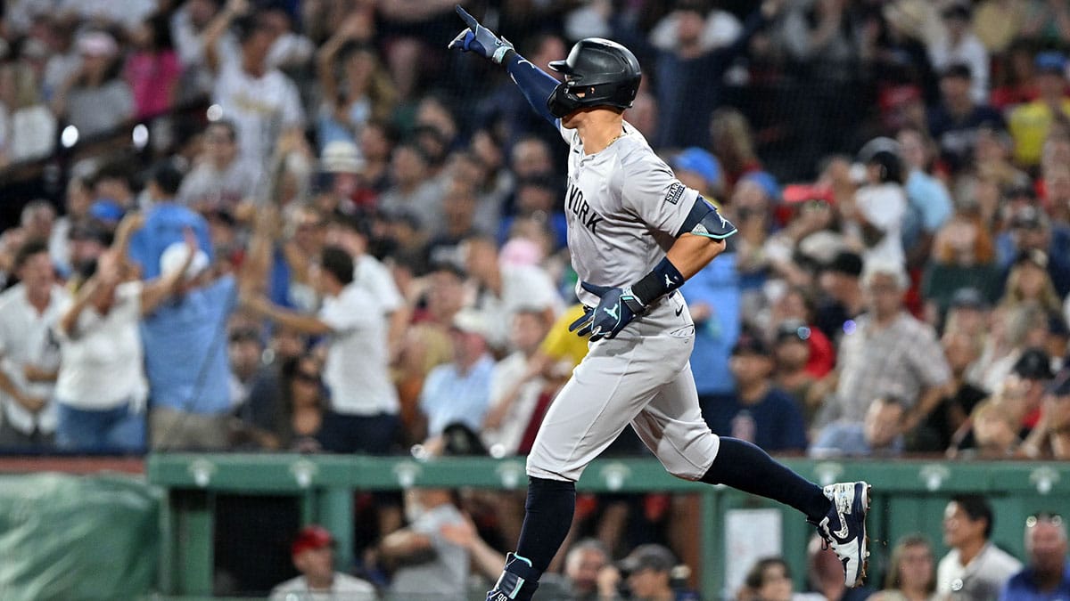 Jul 26, 2024; Boston, Massachusetts, USA; New York Yankees outfielder Aaron Judge (99) runs the bases after hitting a three-run home run against the Boston Red Sox during the seventh inning at Fenway Park. 
