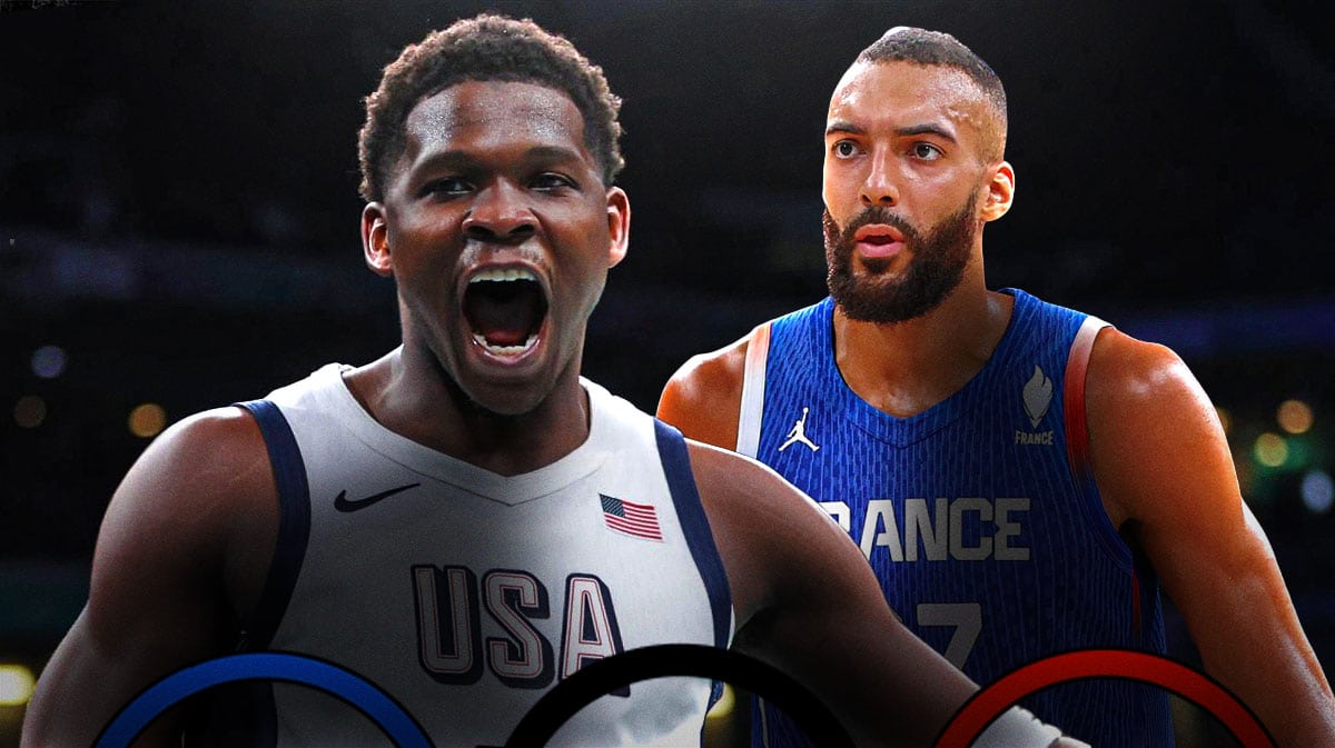 Team USA's Anthony Edwards and France's Rudy Gobert in front of Paris Olympics.