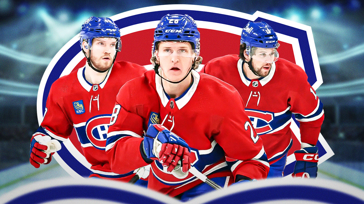Canadiens center Christian Dvorak, Canadiens right wing Joel Armia & Canadiens right wing Josh Anderson next to the Canadiens logo