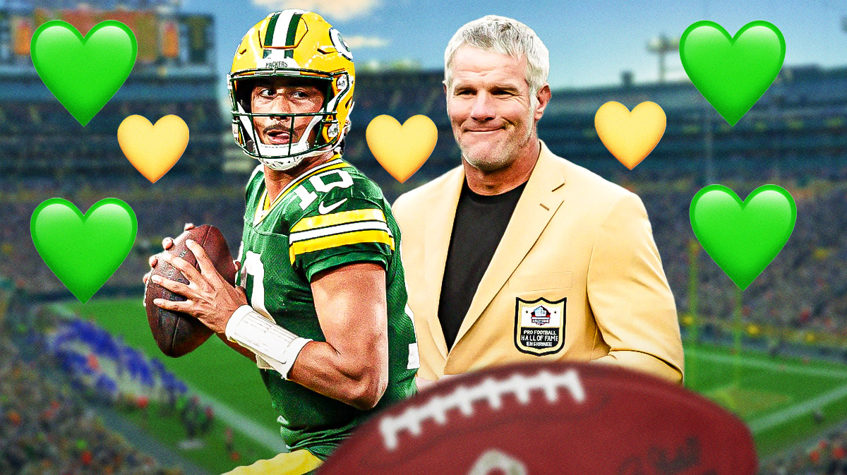 Jordan Love and Brett Favre surrounded by green and yellow hearts with a Packers-themed BG.