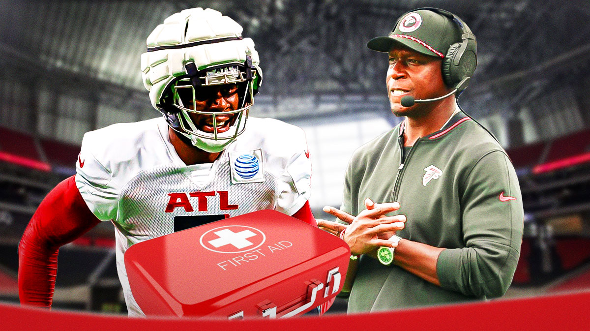 Kyle Pitts in a Falcons jersey with a first aid kit next to him, and Raheem Morris.