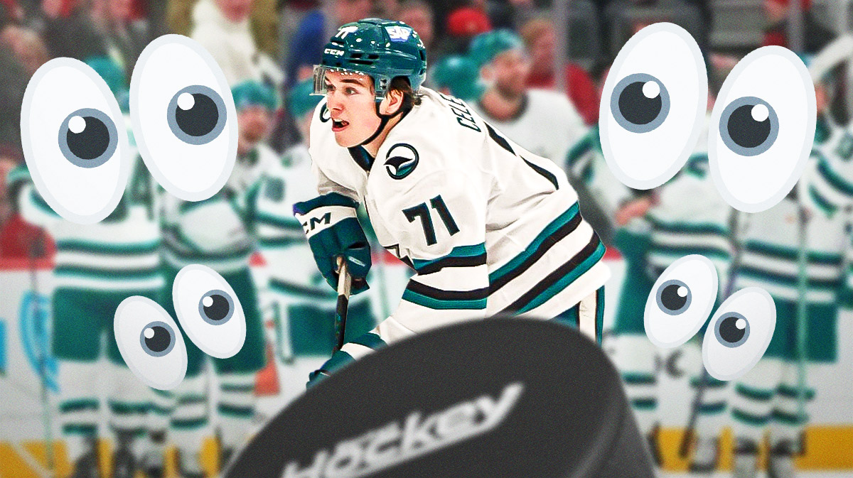Macklin Celebrini with Sharks surrounded by eye emojis