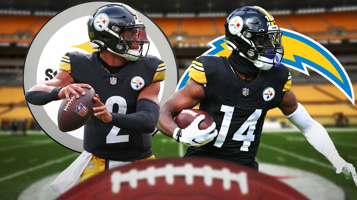 Steelers Justin Fields throwing a football, Steelers George Pickens catching a football. Place the Steelers and Chargers 2024 logos in background.