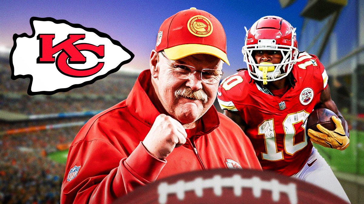 Chiefs head coach Andy Ried next to Chiefs running back Isiah Pacheco & the Chiefs logo